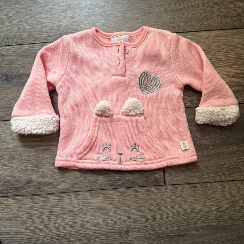Duck Duck Goose Baby Girl Pink Cat Face Sweater 3-6M Heart Sherpa Cuffs D93794